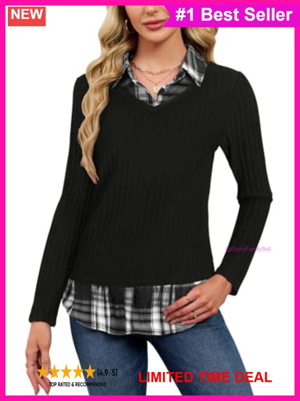 Collared Sweater Shirt Twofer Plaid Ruffle Hem Long Sleeve Women's Top